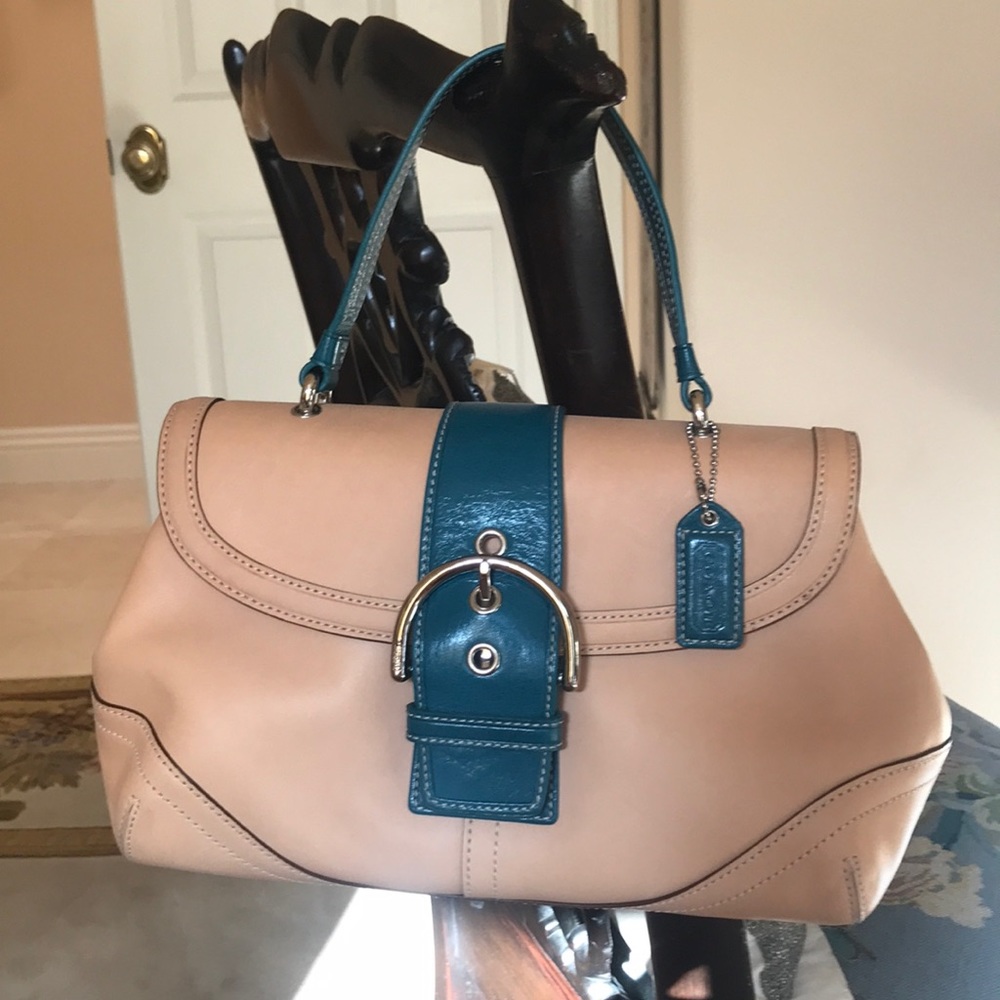 Nude Coach Hobo Handbag with Teal Accents